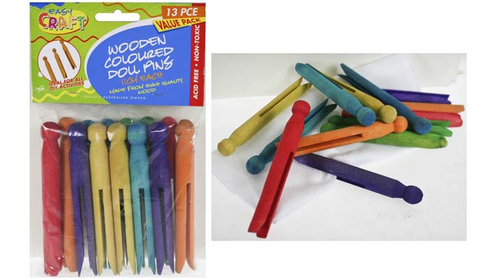 Pegs Wooden Coloured Dolly 11cm  Pack of 13