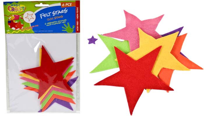 Felt Cut Stars 12cm - Assorted Colours - Pack of 6