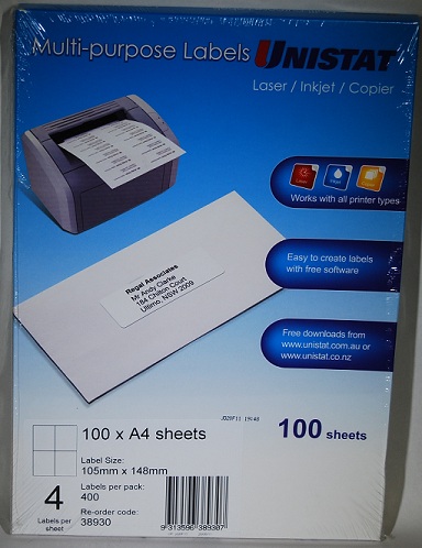 Unistat Labels  4Up 105x148mm 100 Shts / Box Laser/Inkjet/Copier