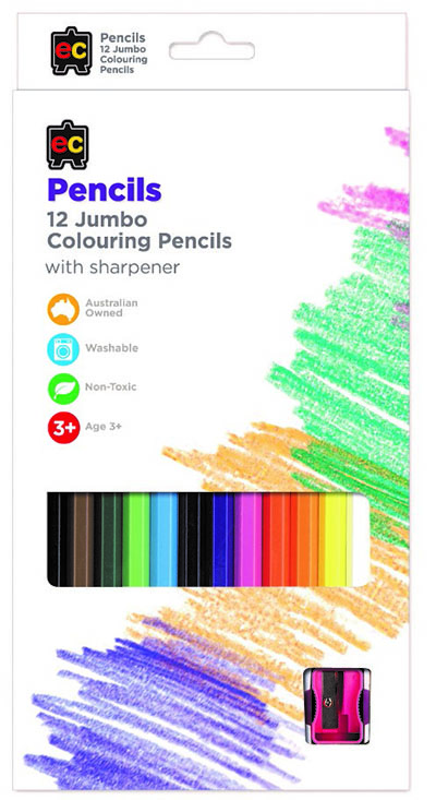 Jumbo Hex. Washable Colour Pencils Pk12 + Sharpener EC