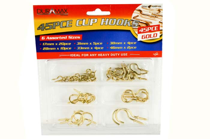 Cup Hooks 6 Sizes Gold Pack of 45