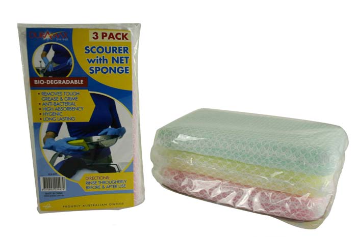 Sponge with Net Scourer 14x7.5x2cm Pack of 3