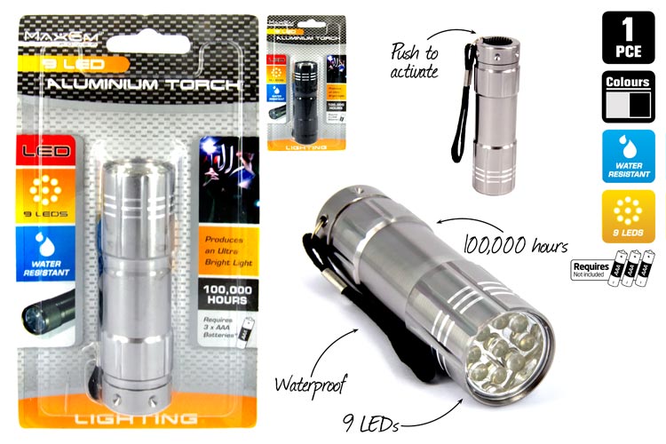 Torch Aluminium 9.5cm 9LED, Waterproof