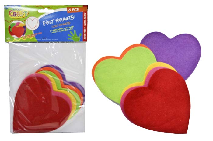 Felt Cut Hearts 12 cm - Assorted Colours  - Pack of 6