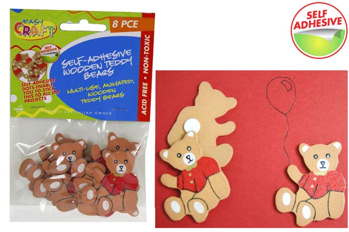 Wooden Teddy Bears - Self Adhesive - 4cm Pack of 8