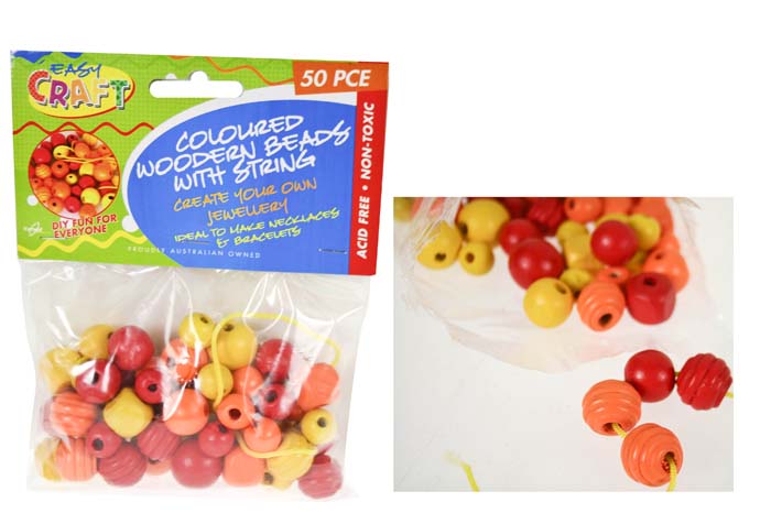 Wooden Beads Yellow/Orange/Red Asst Sizes PK50 Incl String