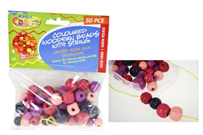 Wooden Beads Red/Pink/Purple Asst Sizes Pk 50 Incl String