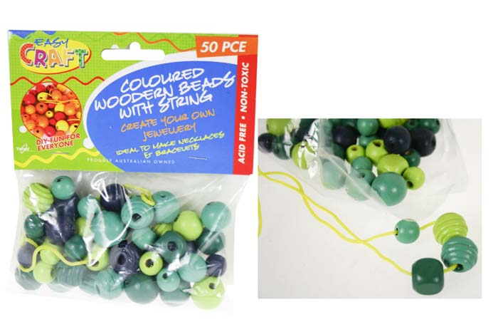 Wooden Beads Mixed Greens Asst Sizes Pk 50 Incl String
