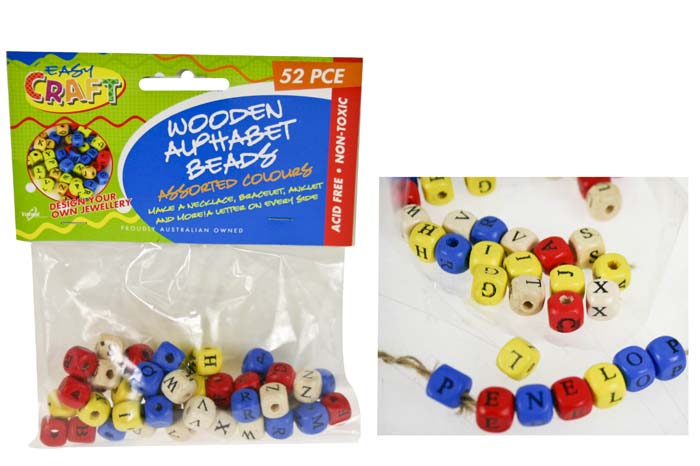 Wooden Alphabet Beads 1cm Asst Cols Pk52