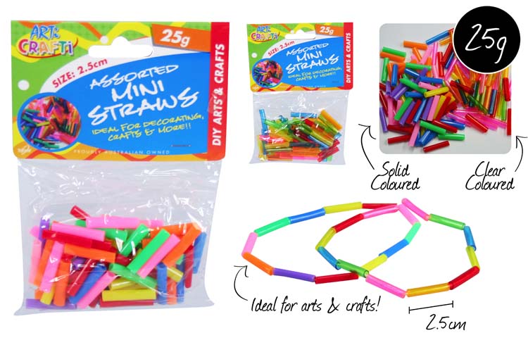 Straws Plastic Mini 3mm x 2.5cm Asst Cols Pk 50gm (Approx 150)