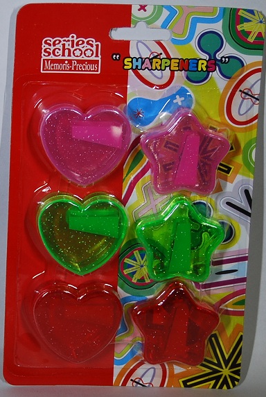 Pencil Sharpeners Plastic Case 1 Hole Card of 3 Heart & 3 Star