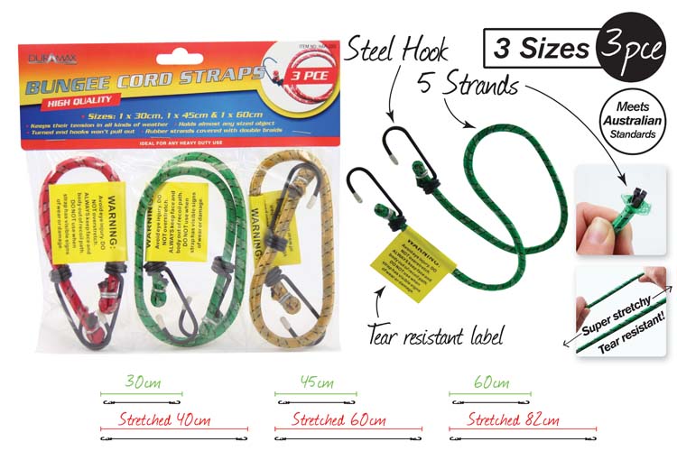 Bungee Cord Straps w/hooks 3PK (30,45,60cm)