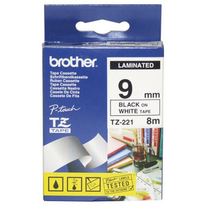 Brother P-Touch Tape TZ221 9mm x 8m Black on White Laminated
